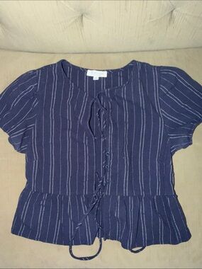 Navy Striped Tie-Front Peplum Blouse - Women
